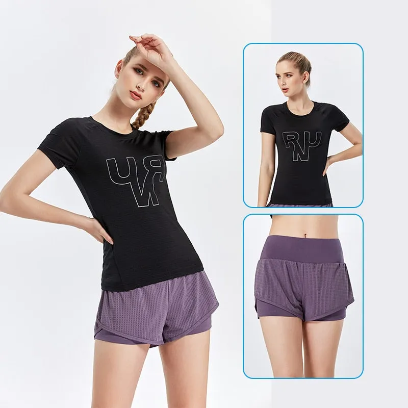 Women's Fitness Jogging Shirts Elastic Yoga Sports Mesh Tshirt Tights Gym Running Tops Short Sleeve Tees Blouses Clothes