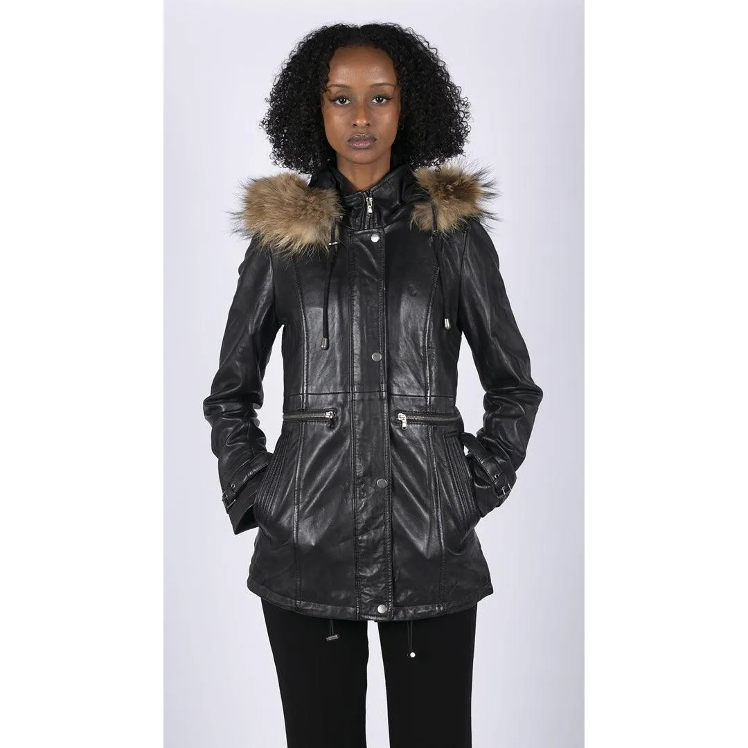 Womens Real Leather Parka Coat 3/4 Removable Hood Fur Button Cover Zipped