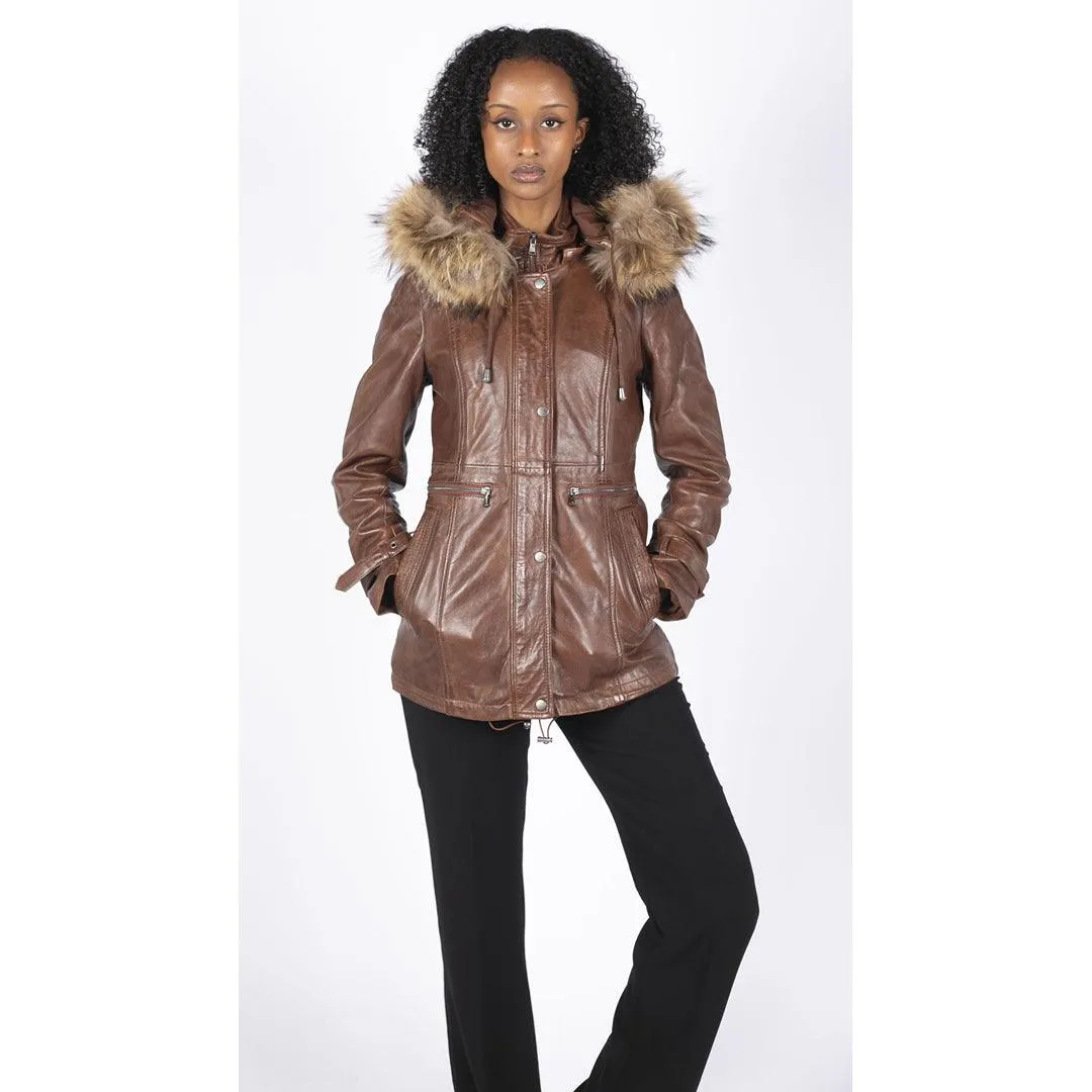 Womens Real Leather Parka Coat 3/4 Removable Hood Fur Button Cover Zipped