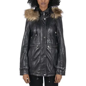 Womens Real Leather Parka Coat 3/4 Removable Hood Fur Button Cover Zipped