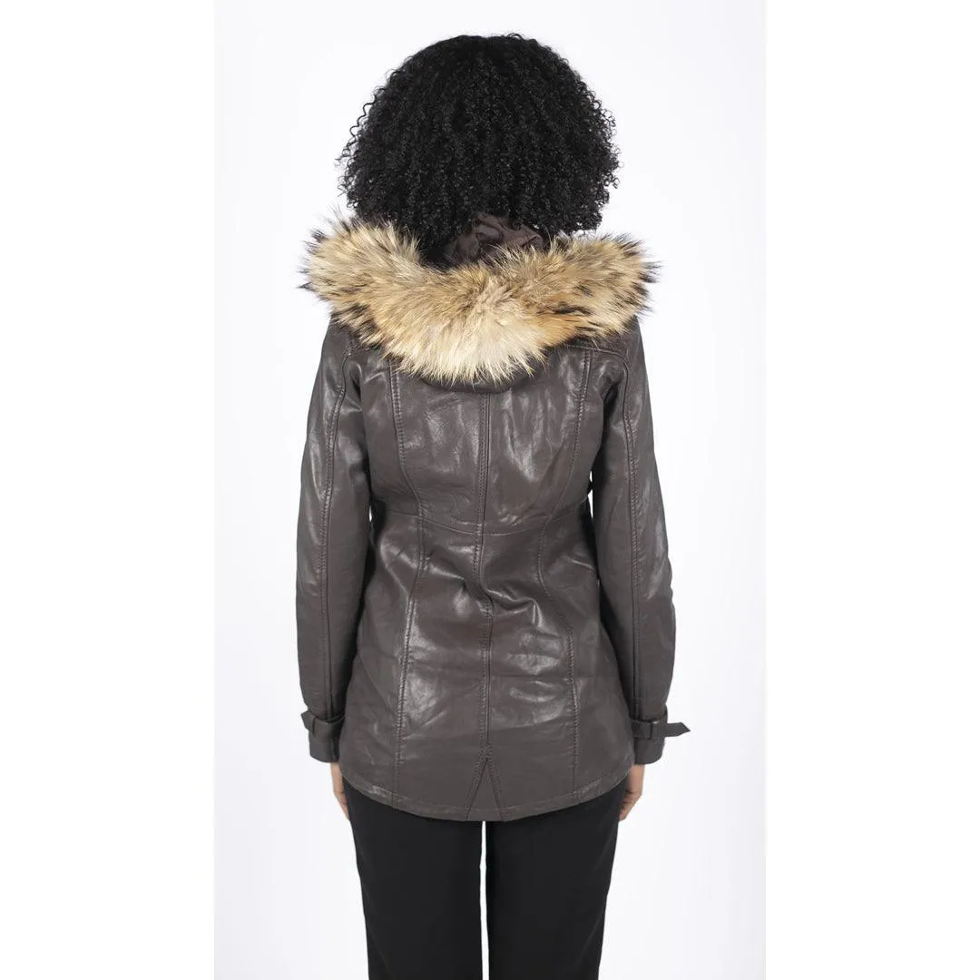 Womens Real Leather Parka Coat 3/4 Removable Hood Fur Button Cover Zipped