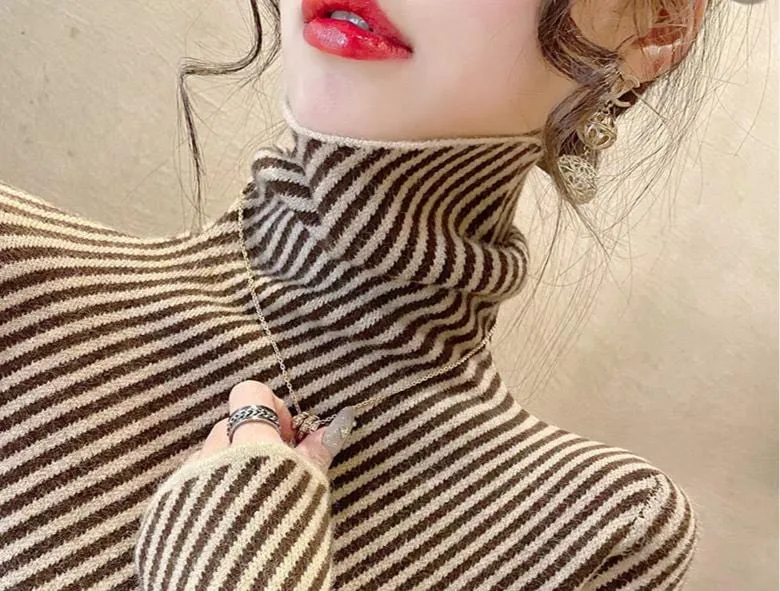 Women's Striped Cashmere Turtleneck Sweater – Slim Fit Warm Knitted Pullover for Winter