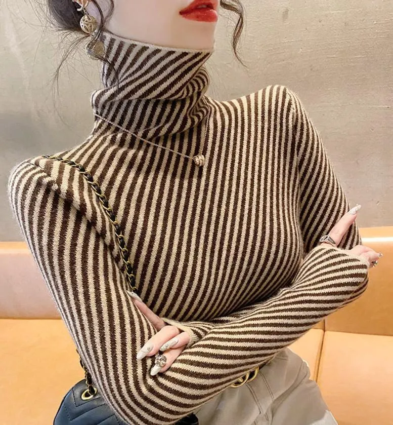 Women's Striped Cashmere Turtleneck Sweater – Slim Fit Warm Knitted Pullover for Winter