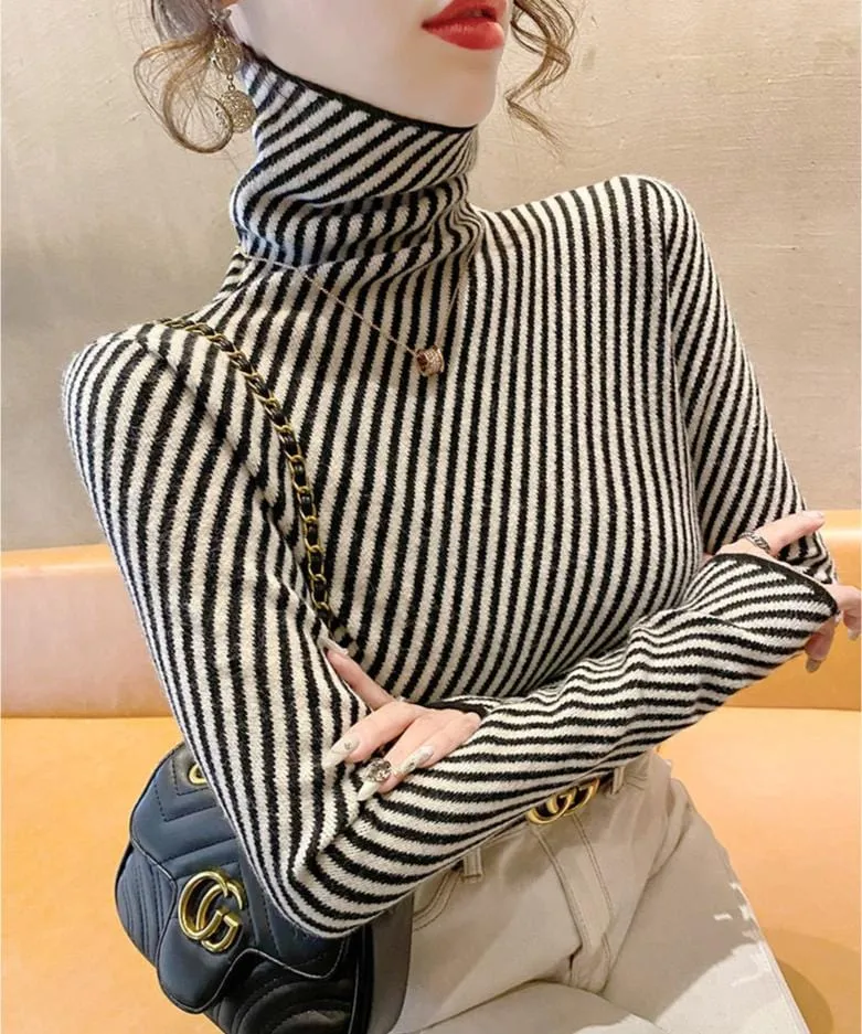 Women's Striped Cashmere Turtleneck Sweater – Slim Fit Warm Knitted Pullover for Winter